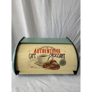 French Bistro Authentique Cafe Croissant Metal Roll Top Bread Box Teal#859